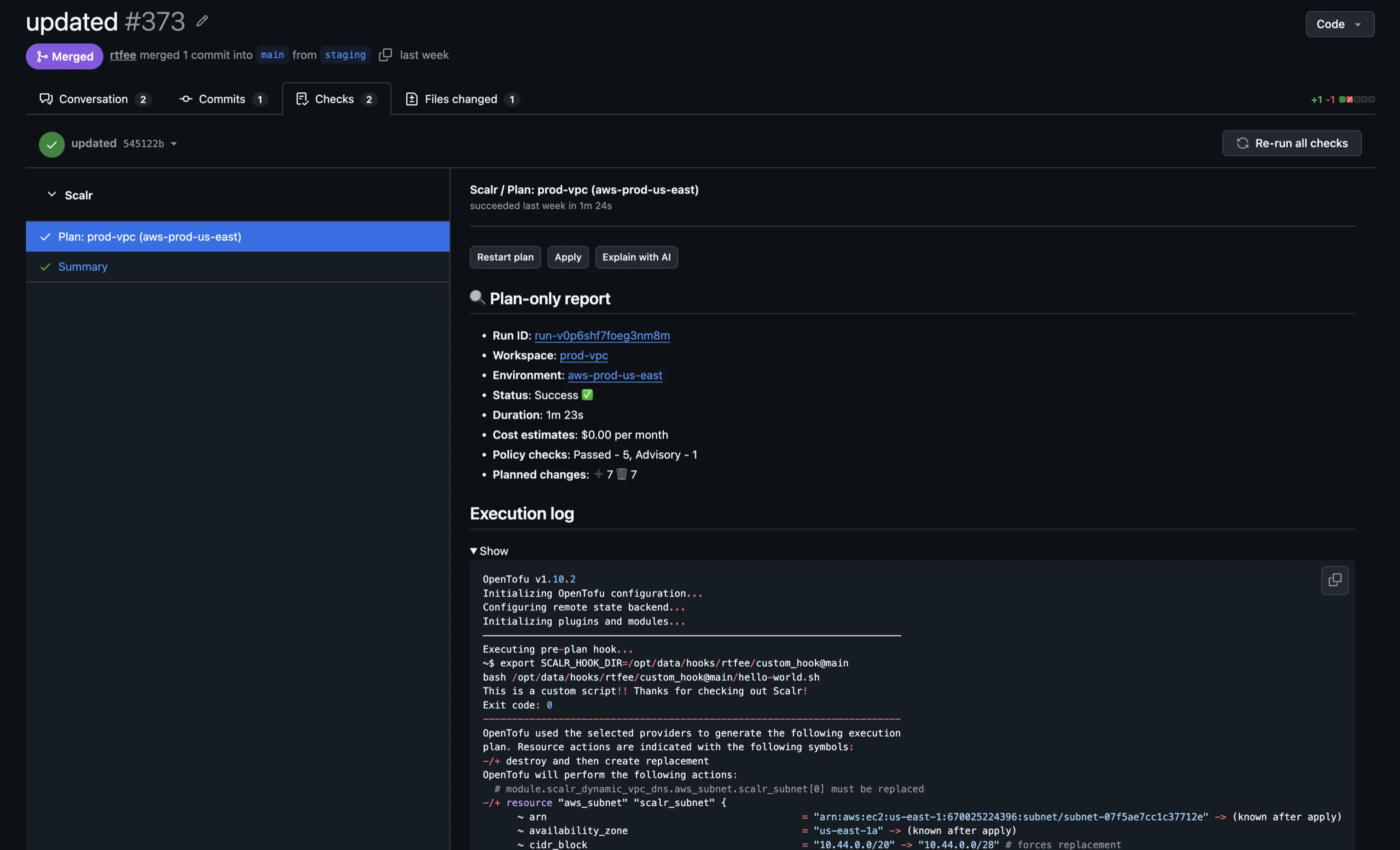GitHub PR checks tab with Scalr plan-only report and execution log
