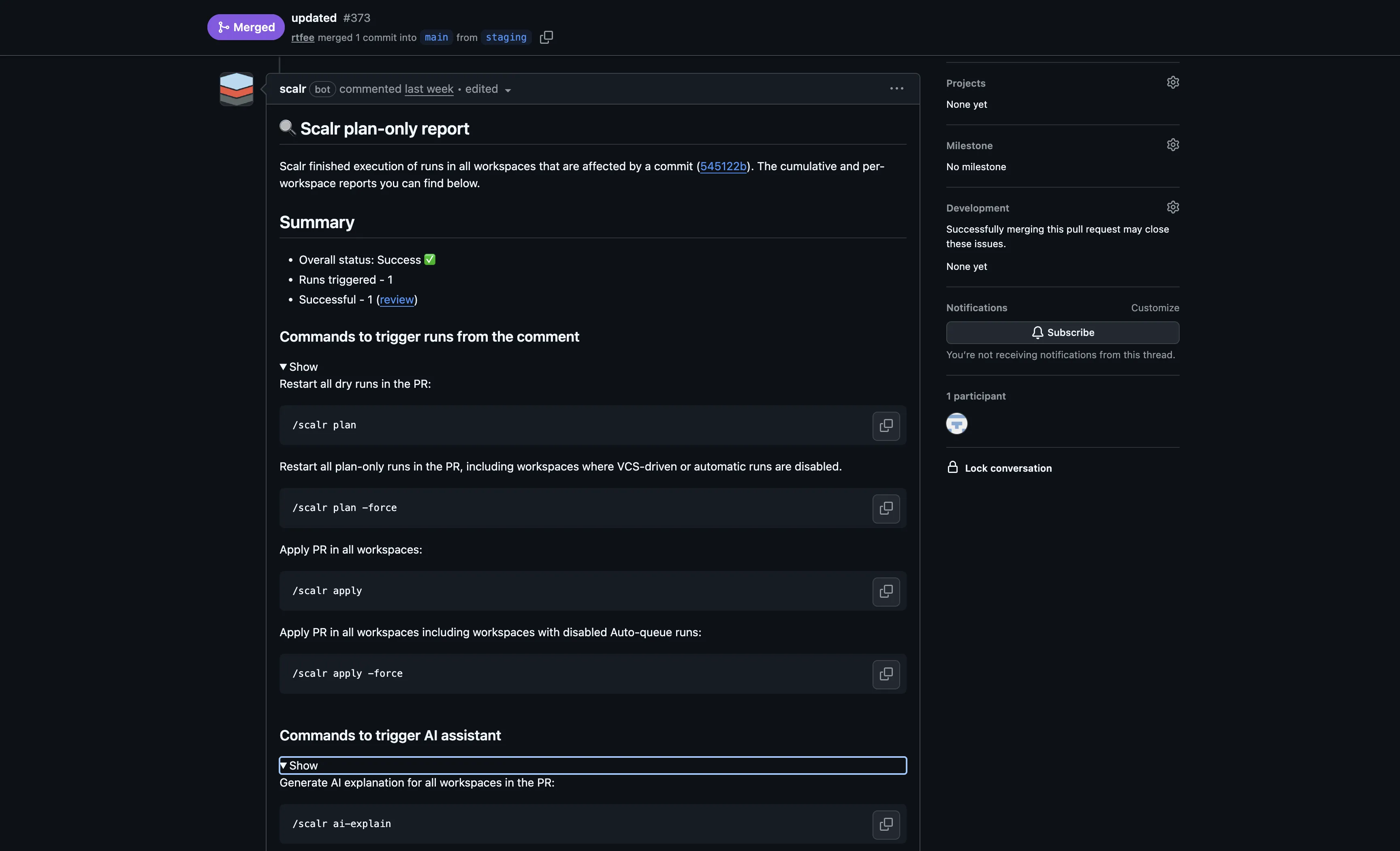 Scalr PR comment with plan summary, slash commands, and AI assistant triggers