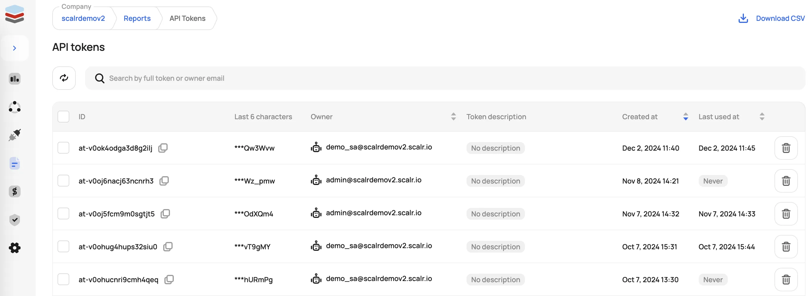 Screenshot of API token reports