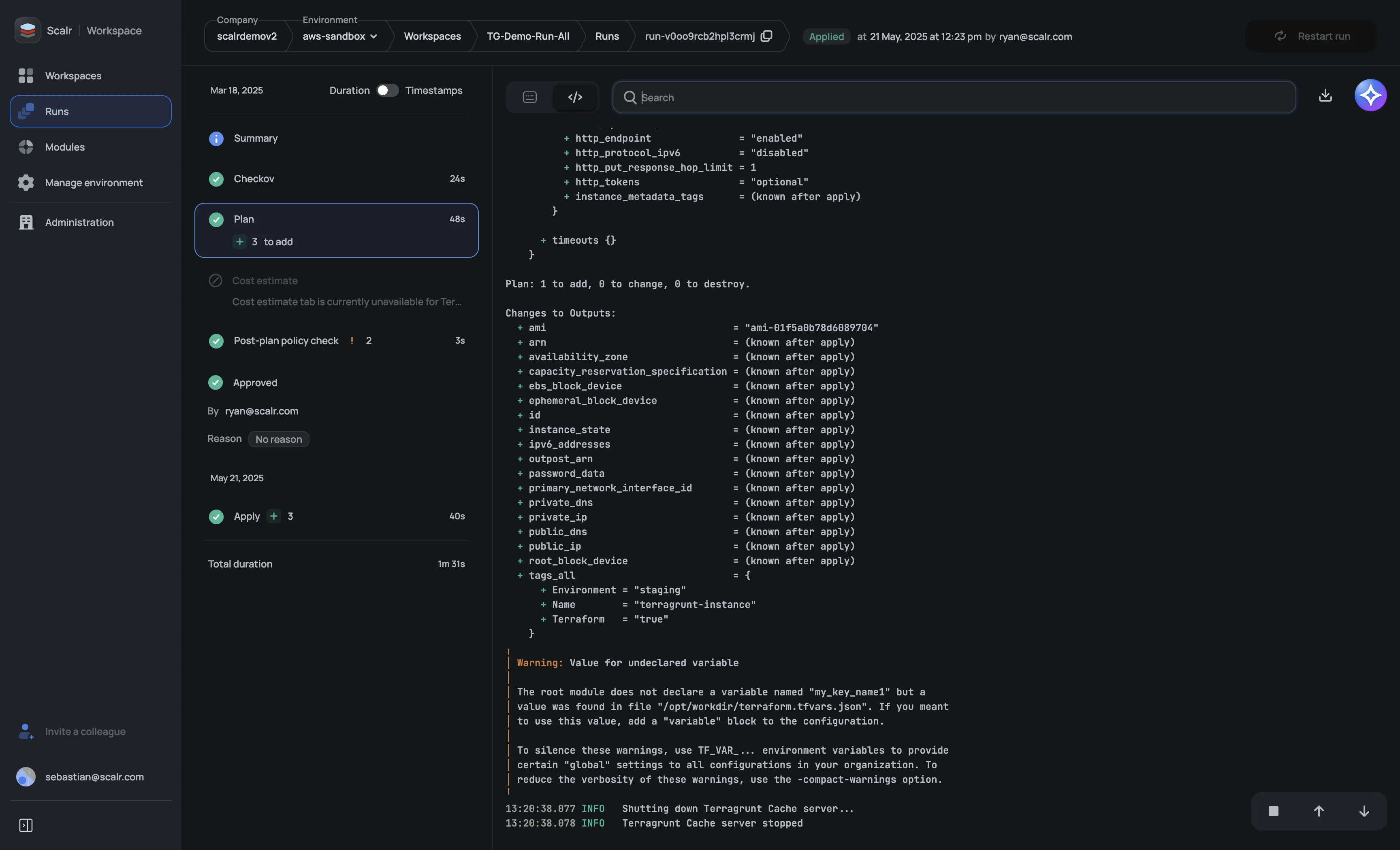 Terragrunt run in Scalr showing plan output with resource changes and variable warnings