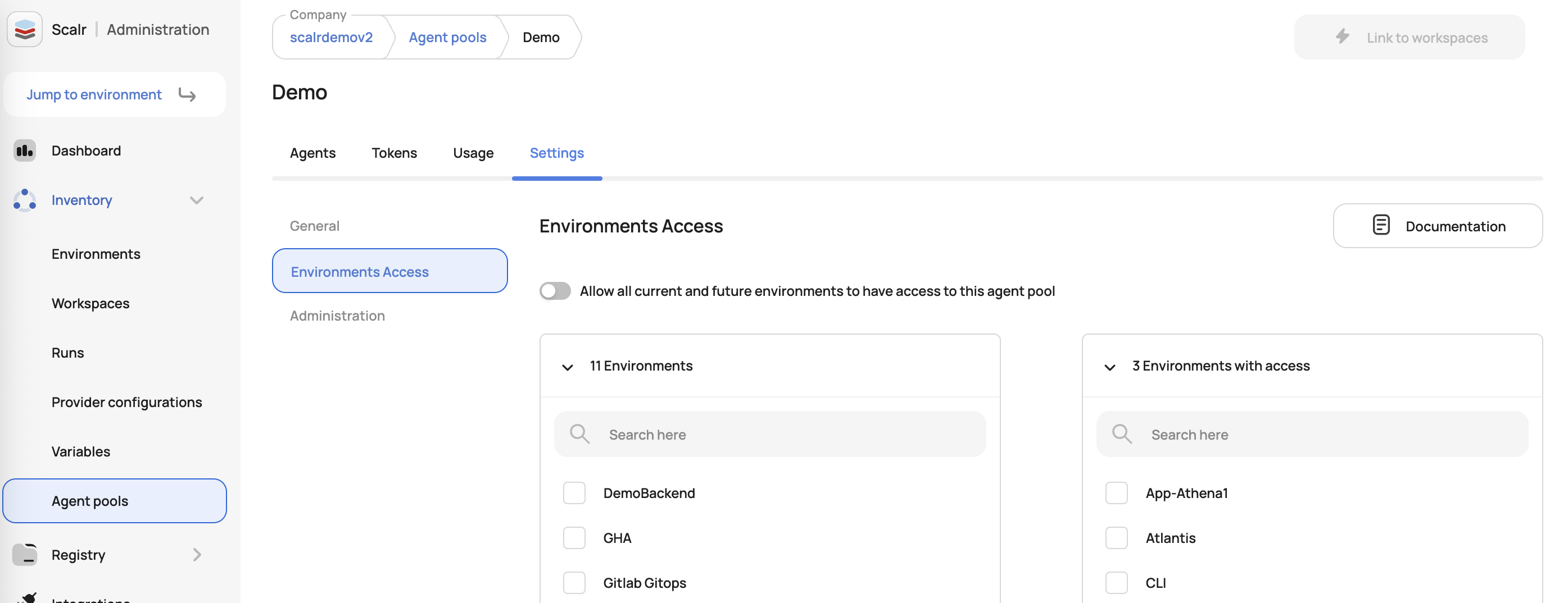 Agent pool assignment to specific environments for access control