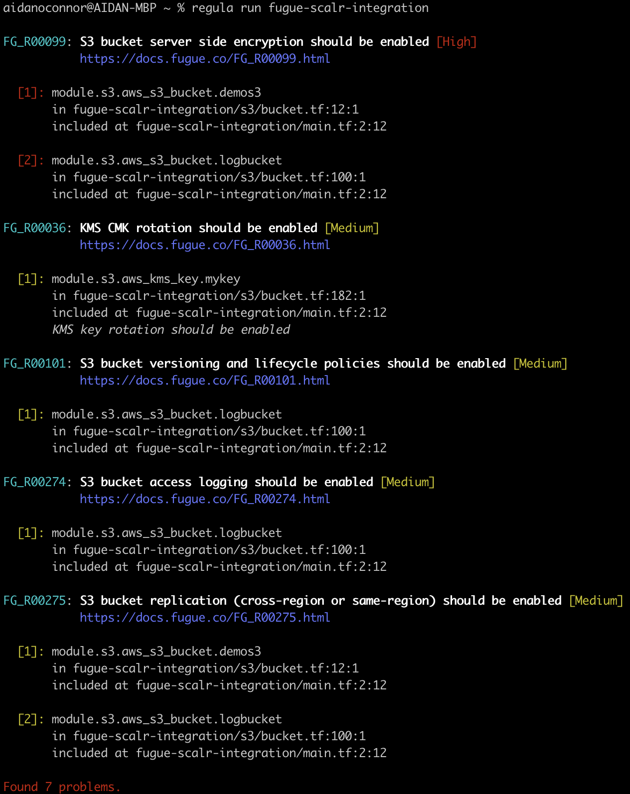 Terminal output of regula run locally scanning the Terraform repository for vulnerabilities