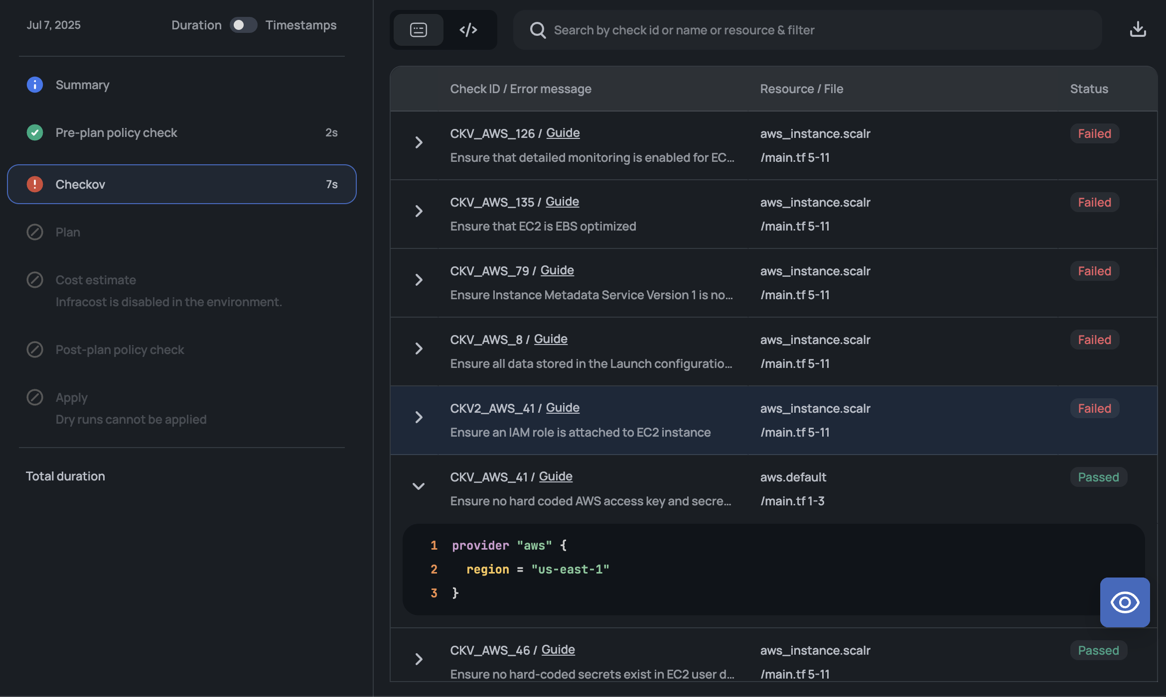 Checkov integration output in JSON format with filter and download options
