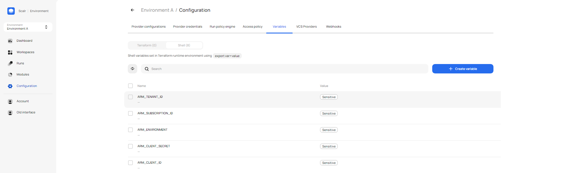 Credentials exported to workspace as environment variables