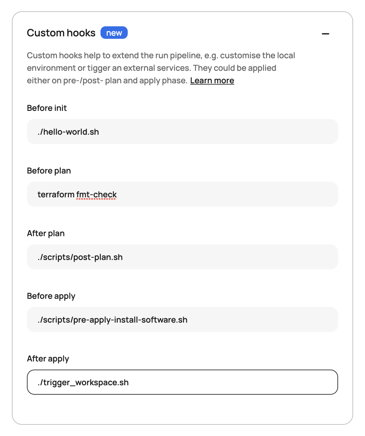Custom hooks configuration in Scalr workspace settings