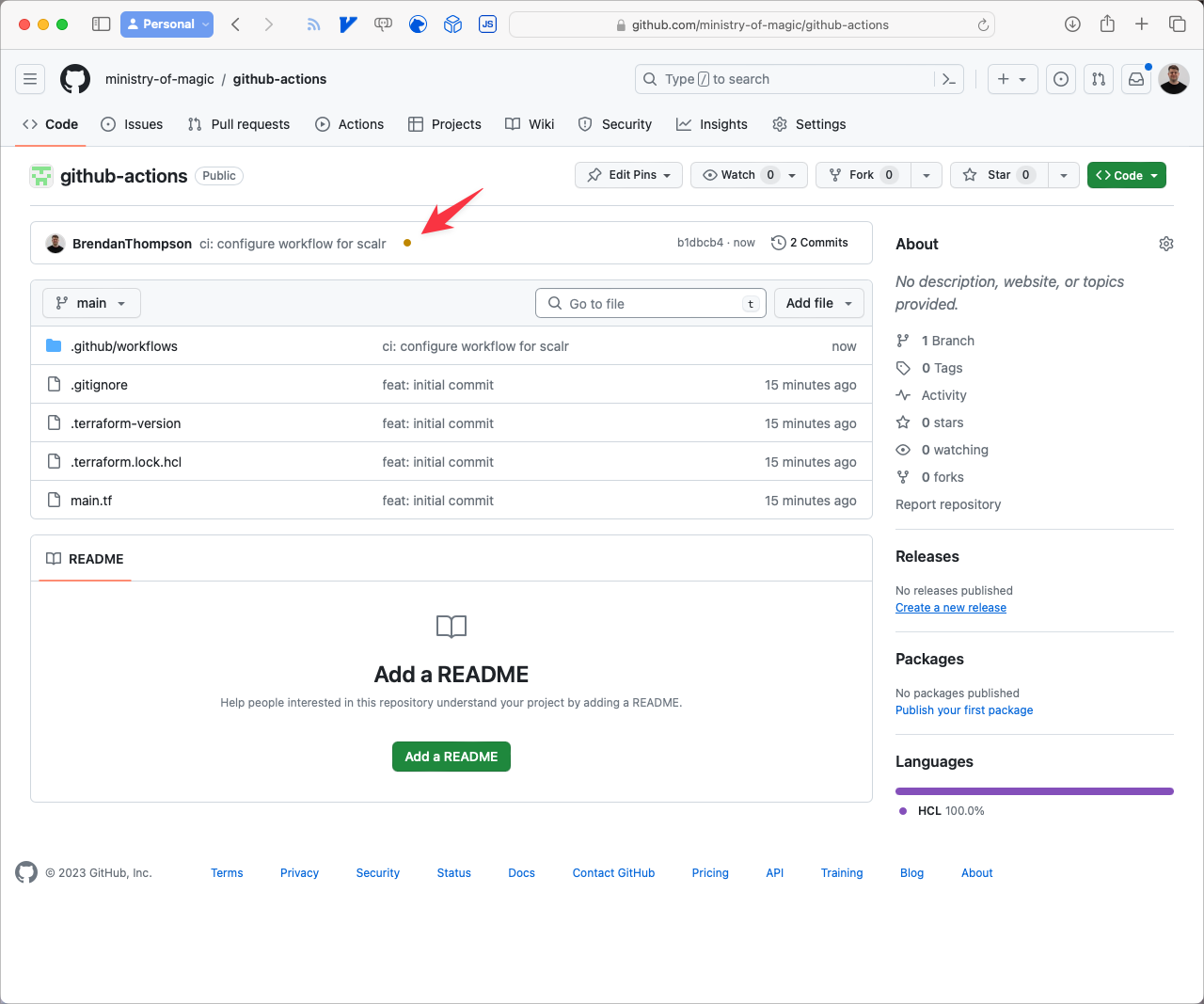 GitHub repository showing orange dot next to commit indicating an in-progress run