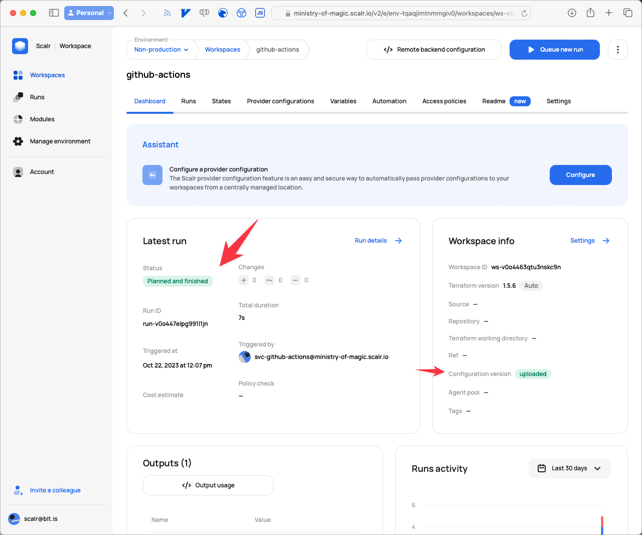 Scalr workspace showing the completed run triggered by GitHub Actions
