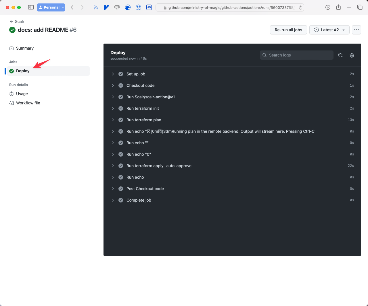 GitHub Actions workflow run summary showing Terraform plan and apply steps completing successfully