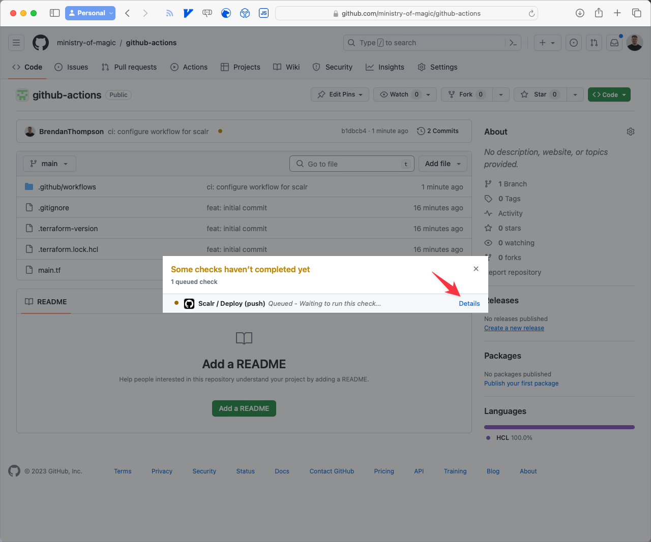 GitHub commit status modal with Details link to view the run