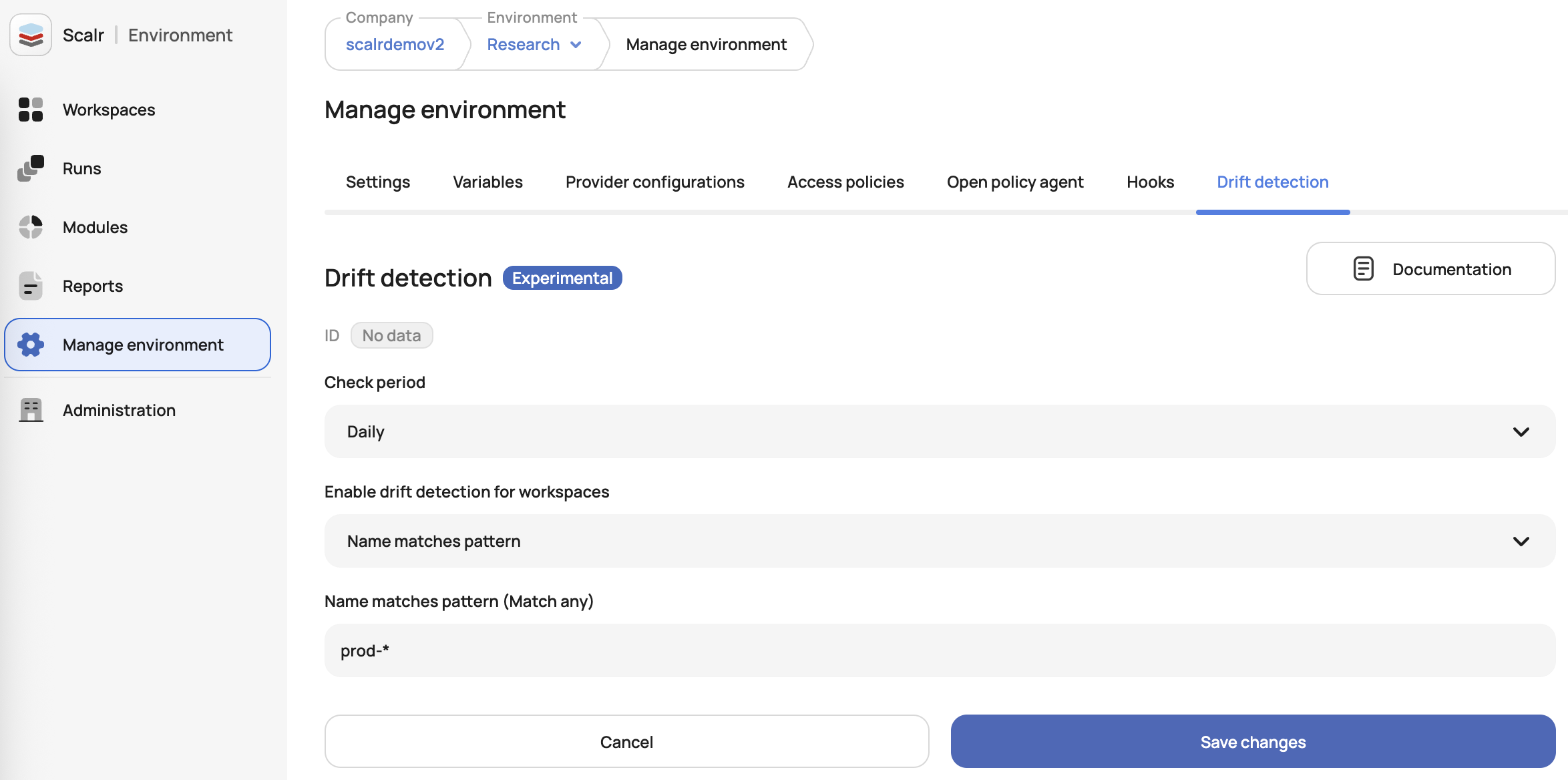 Drift detection filter configuration with tags and name patterns