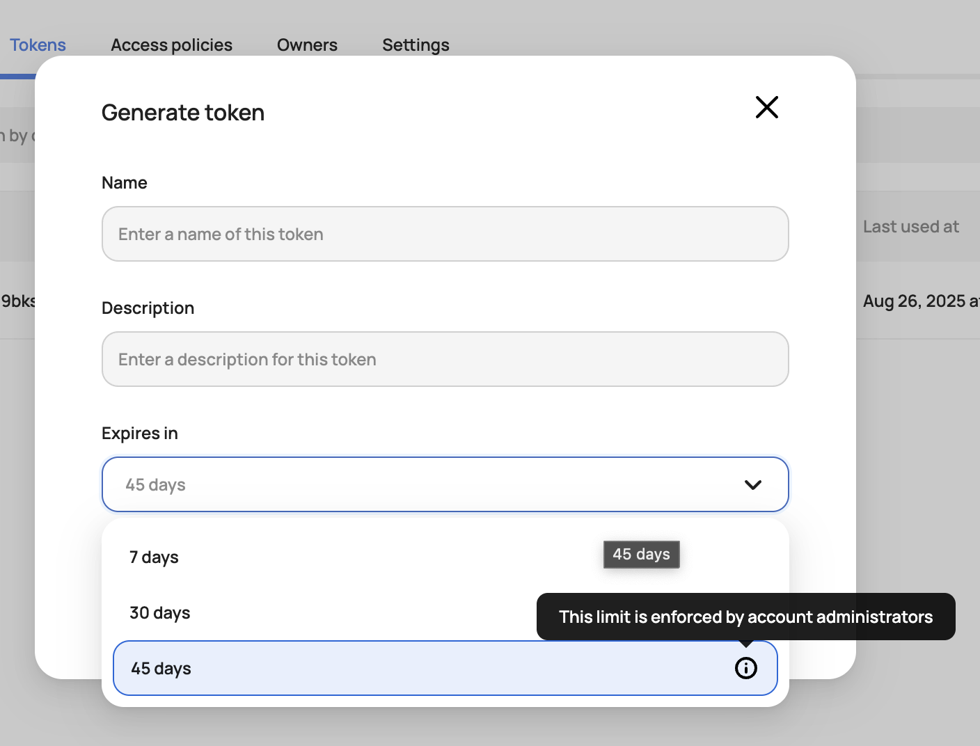 Generate Token modal showing tooltip for enforced max token lifetime policy