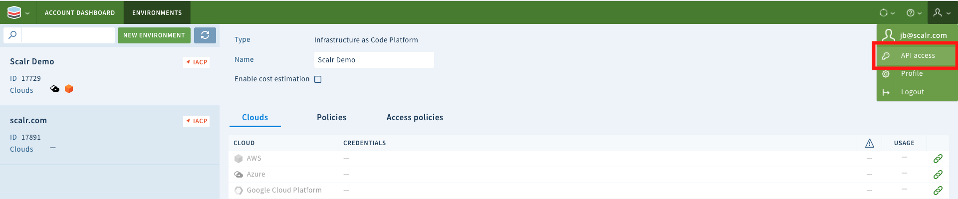 Generating a Scalr API access token from the profile menu