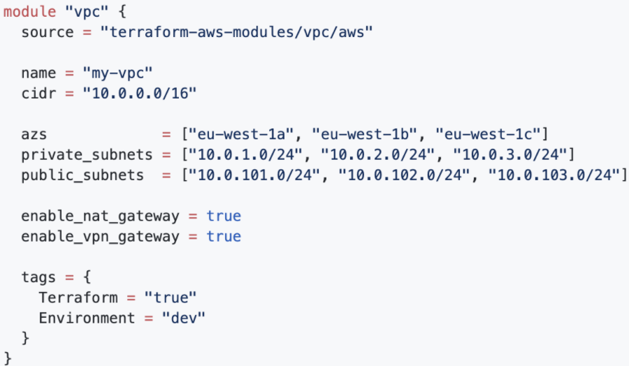 Terraform template referencing the VPC module to deploy standardized infrastructure
