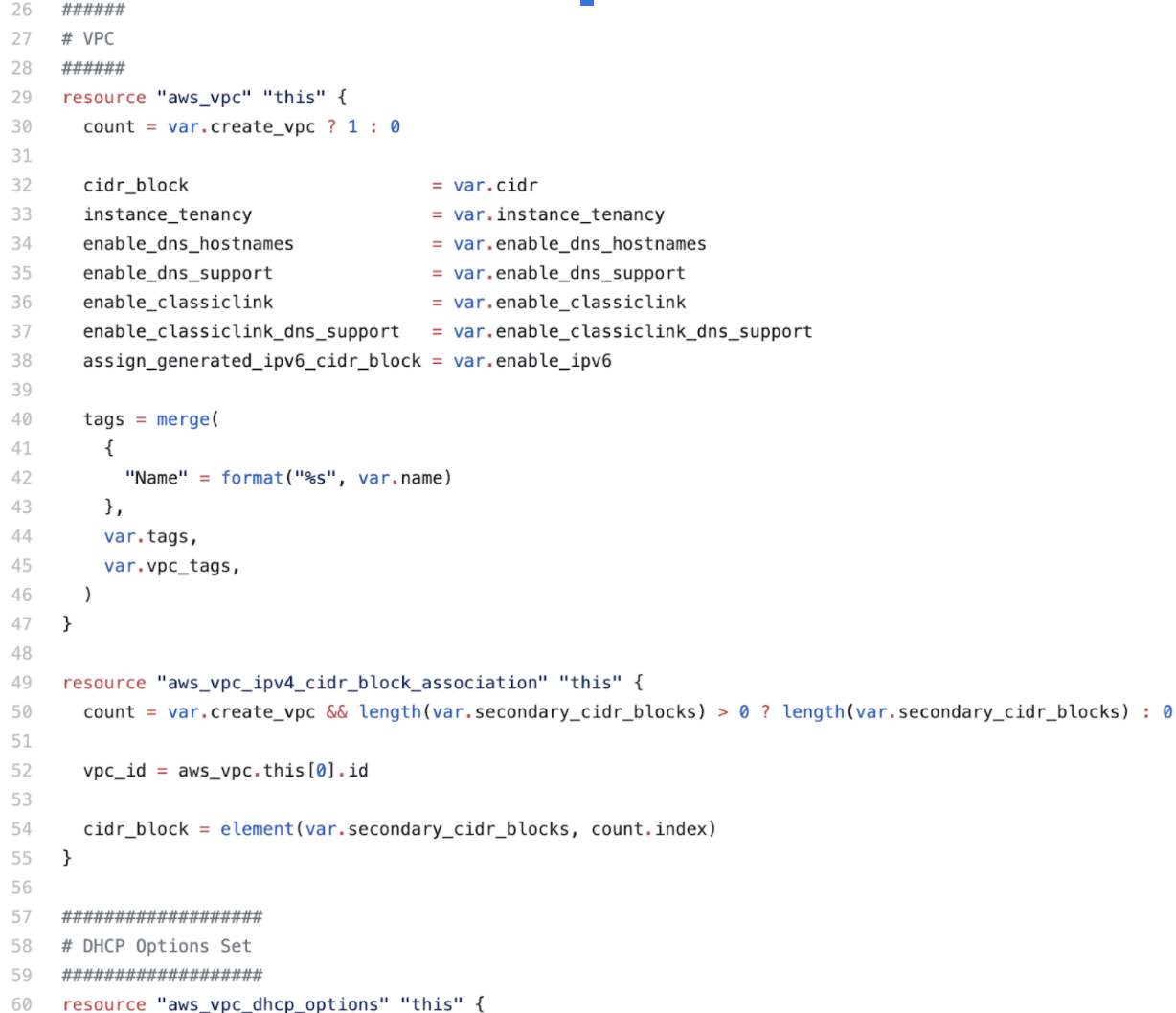 Example Terraform code creating a reusable VPC module from the terraform-aws-vpc repository