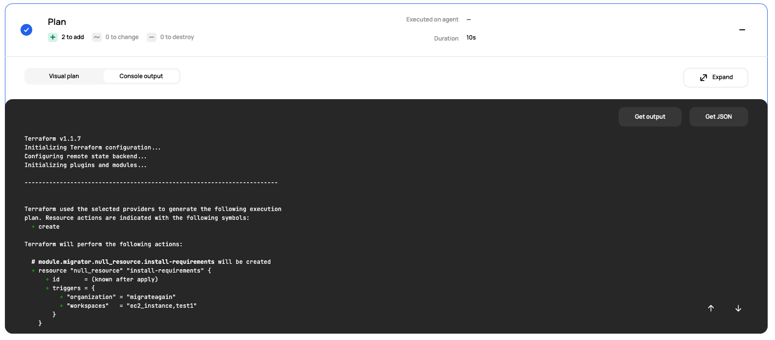 Screenshot of the example console output