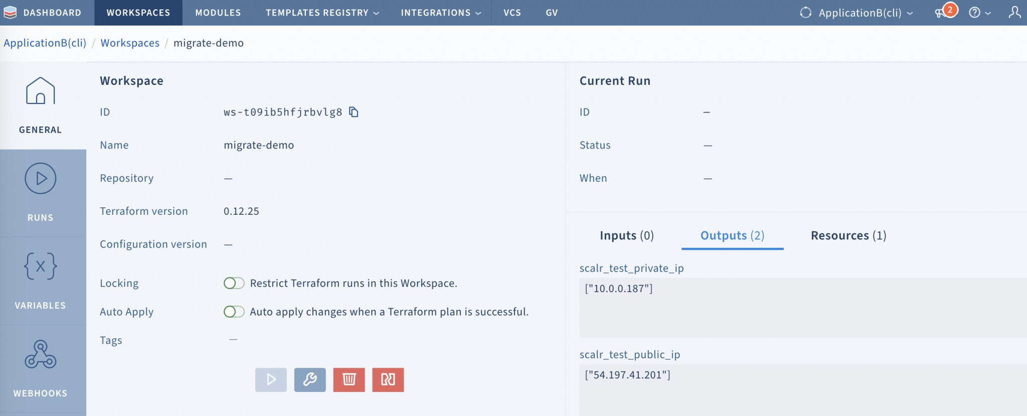 Scalr UI displaying the migrated workspace and state outputs
