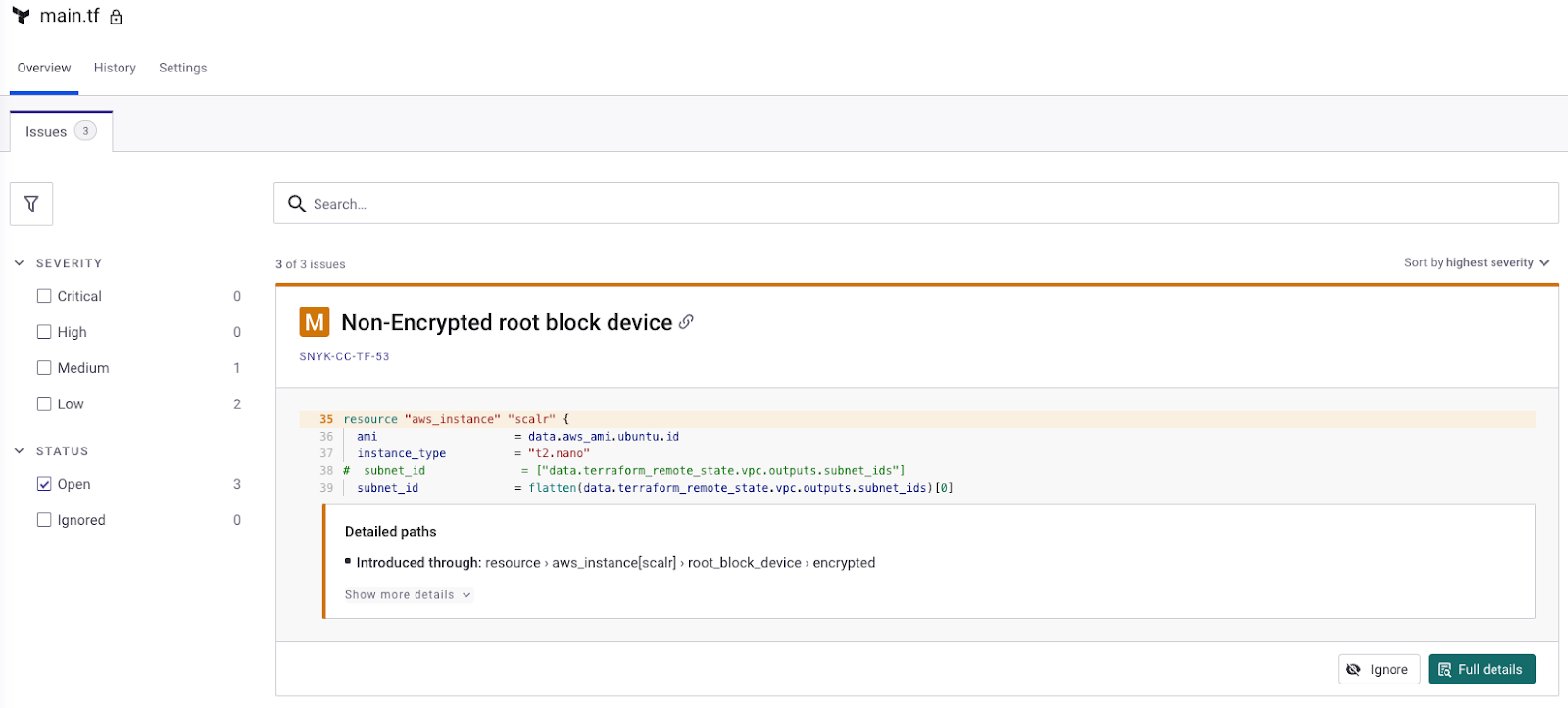 Snyk scanning Terraform configuration files and reporting infrastructure vulnerabilities