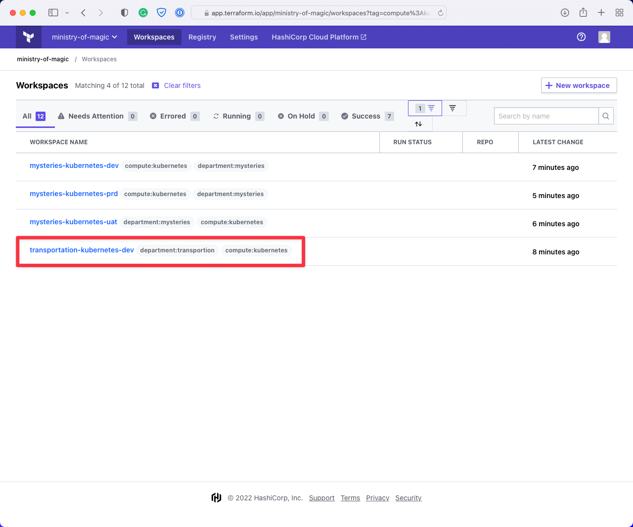 Terraform Cloud workspaces filtered by compute:kubernetes tag