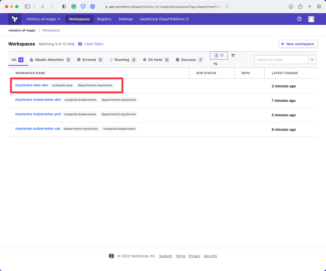 Terraform Cloud console filtered by department:mysteries tag showing matching workspaces