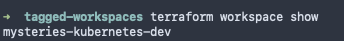 Terminal output of terraform workspace show command displaying the current workspace