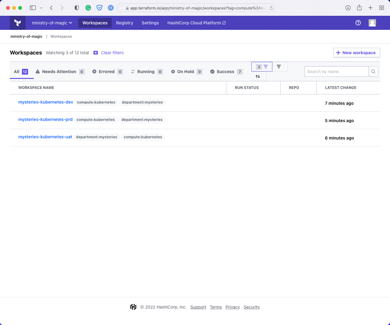 Terraform Cloud workspaces filtered by both department:mysteries and compute:kubernetes tags