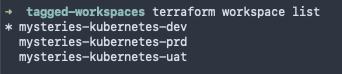 Terraform CLI output listing the workspaces matching the configured tags