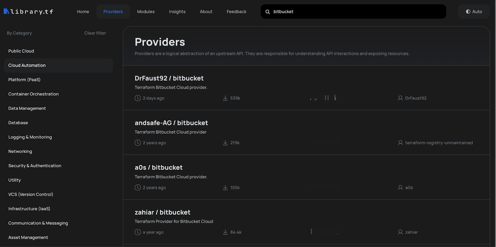 Screenshot of Providers from Library.tf