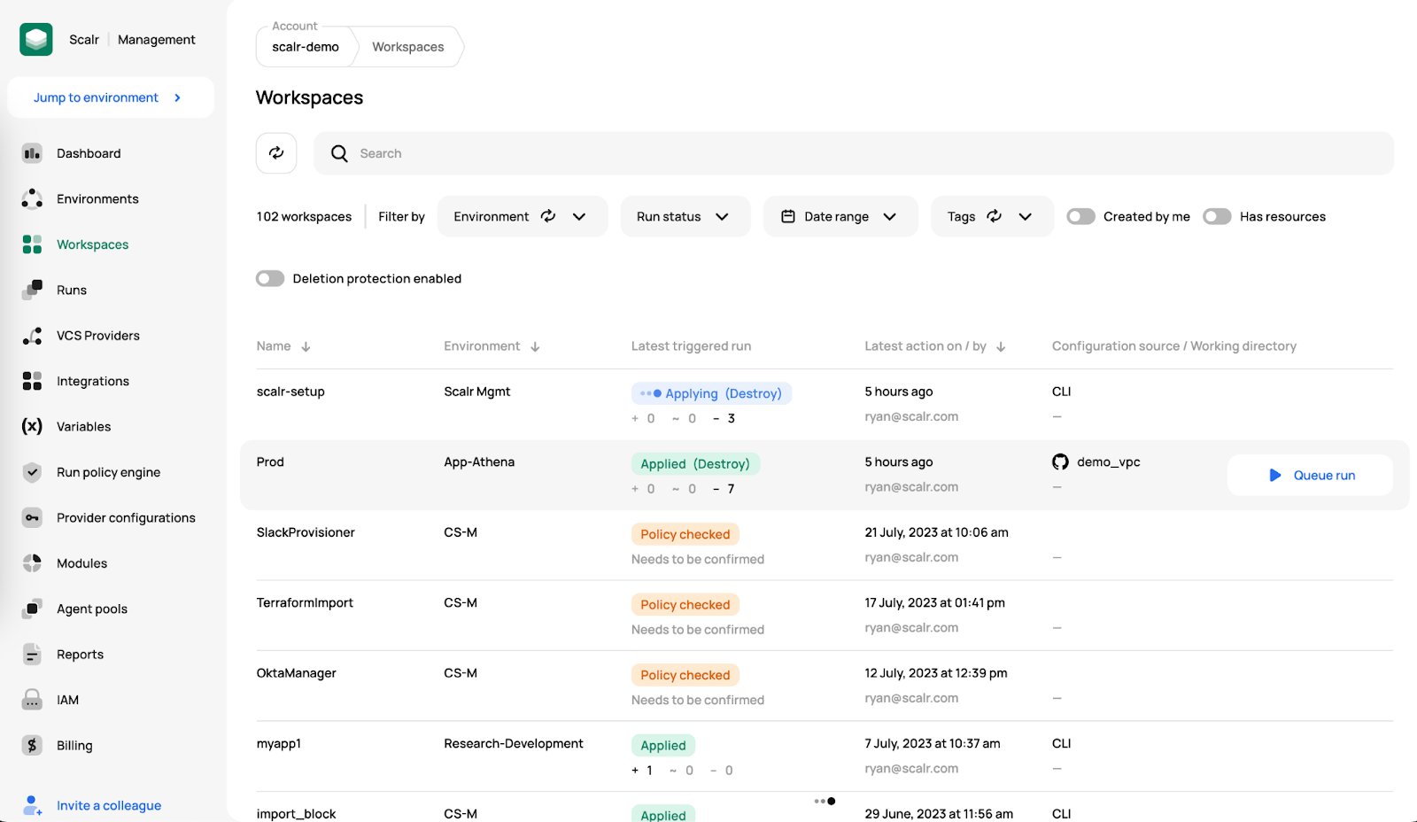 Scalr account-level workspaces dashboard with filters for environment, status, and tag