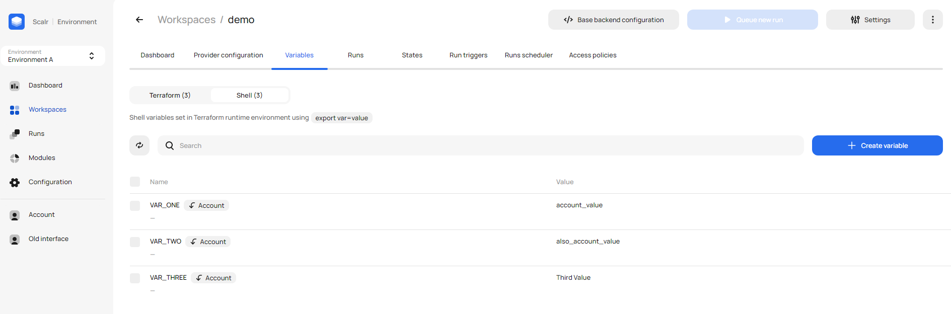 Multi-scope shell variable configuration in Scalr UI