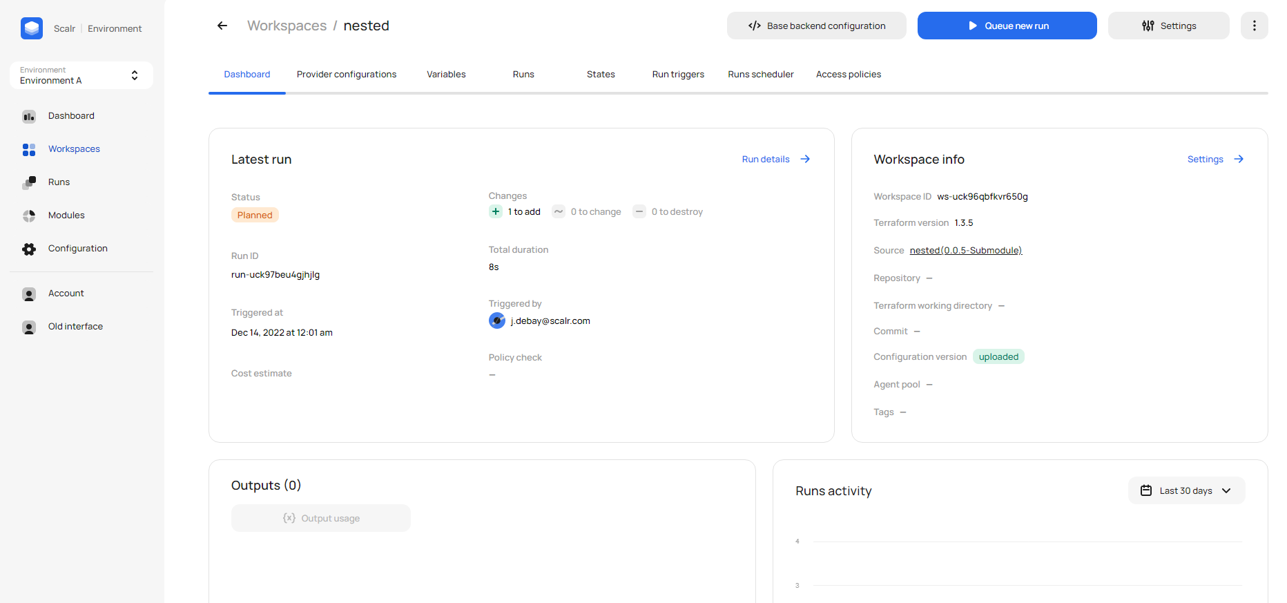 Workspace created from a Terraform module in the Scalr service catalog