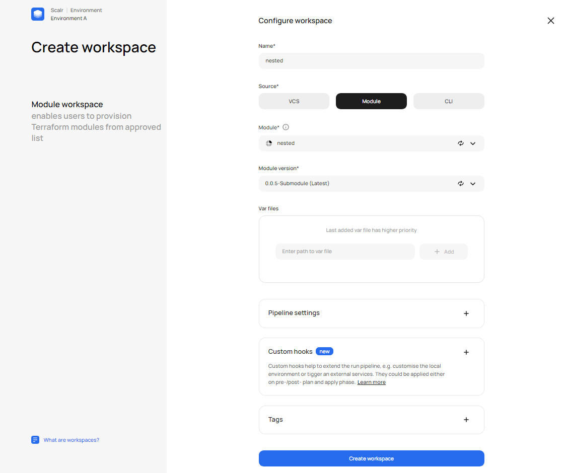 Selecting a module as the source when creating a new Scalr workspace