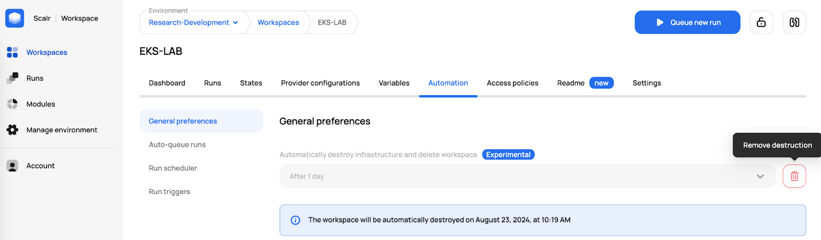 Configured auto-destroy time