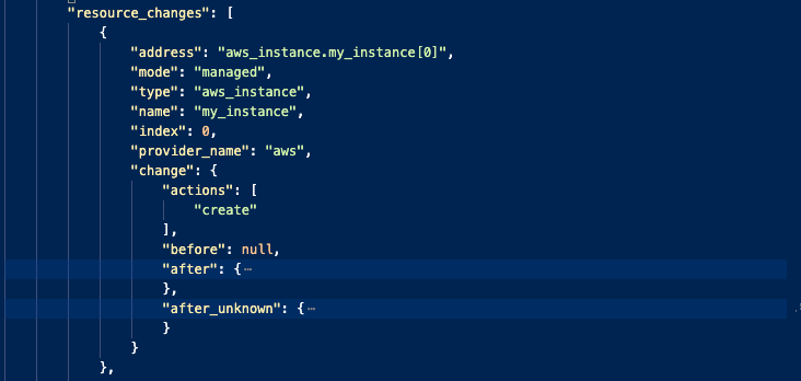 Example JSON resource_changes array with create, update, and delete actions
