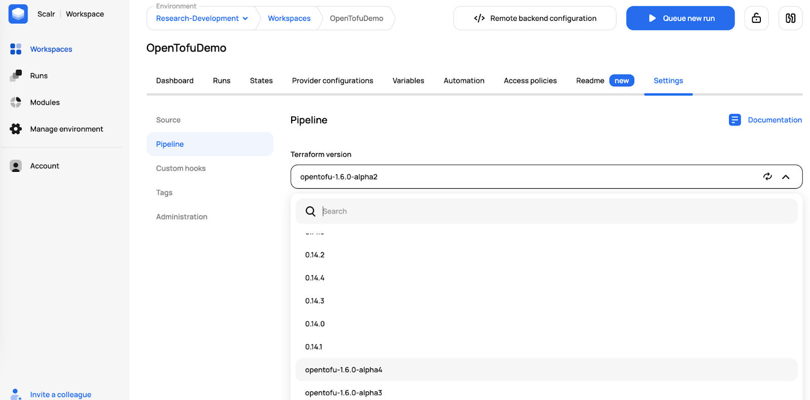 Scalr workspace pipeline settings showing OpenTofu version selection
