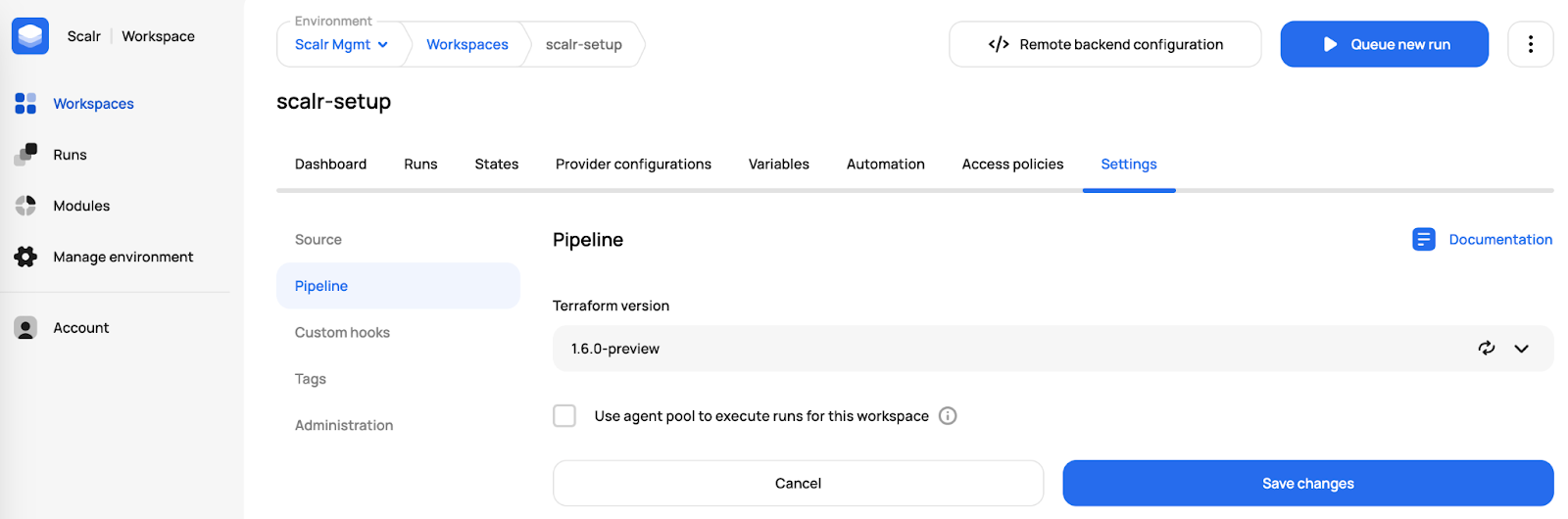 Scalr pipeline settings updating workspace to OpenTofu version 1.6.0