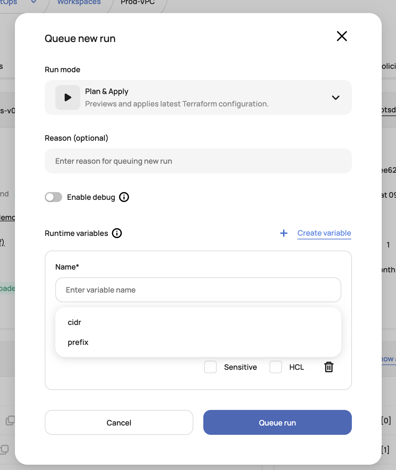 Queue new run modal with run-scope variables and debug log toggle