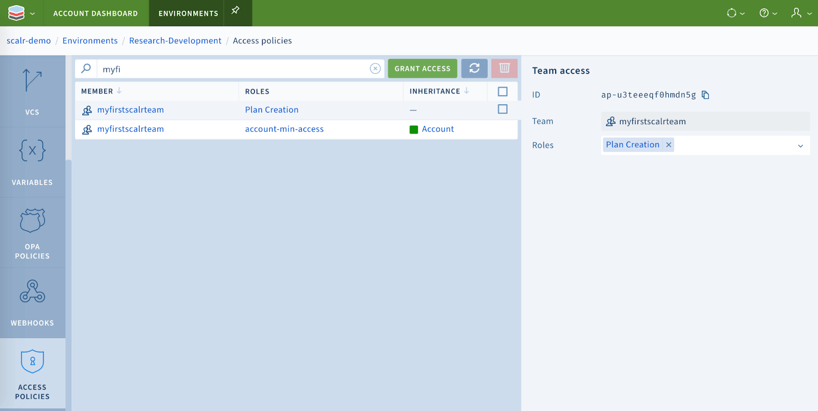 Environment scope access policy linking the team to the Plan Creation role