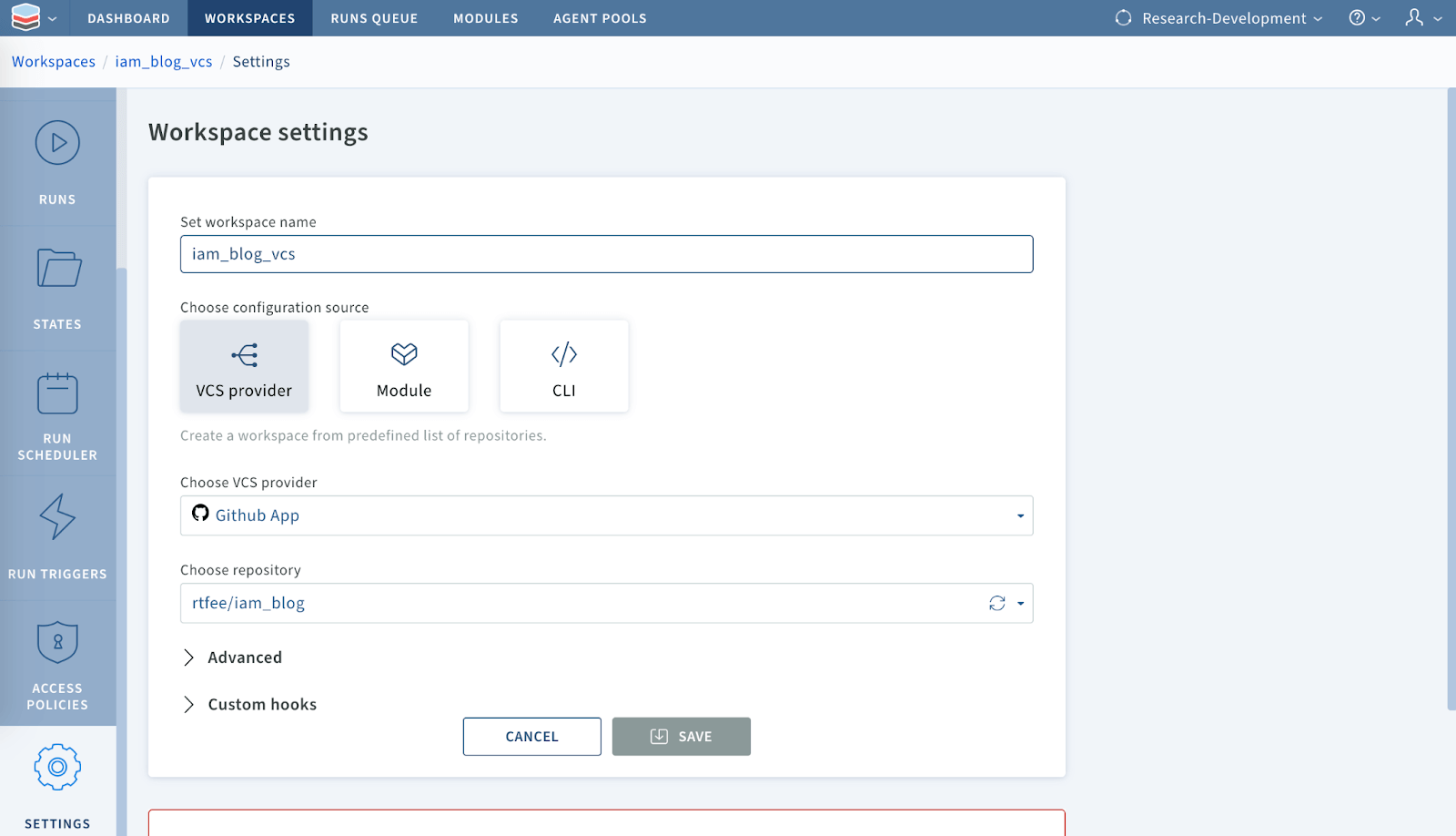 Scalr VCS backed workspace configured for the RBAC tutorial