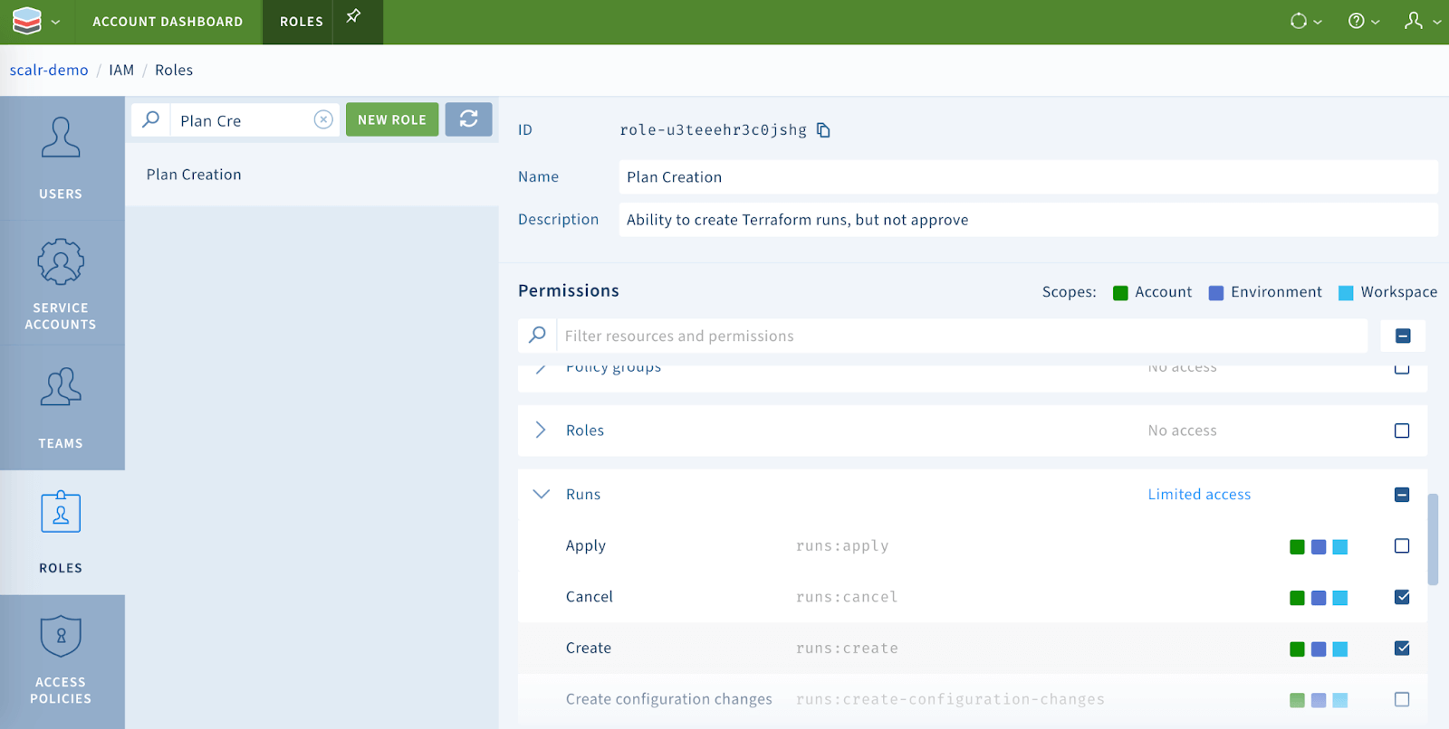 Newly created Plan Creation role shown in the account scope