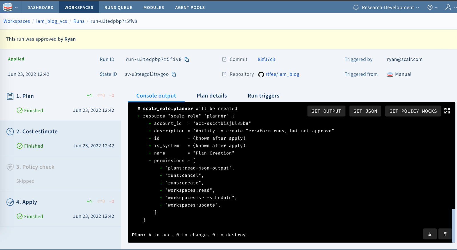 Scalr run output showing four RBAC resources successfully created