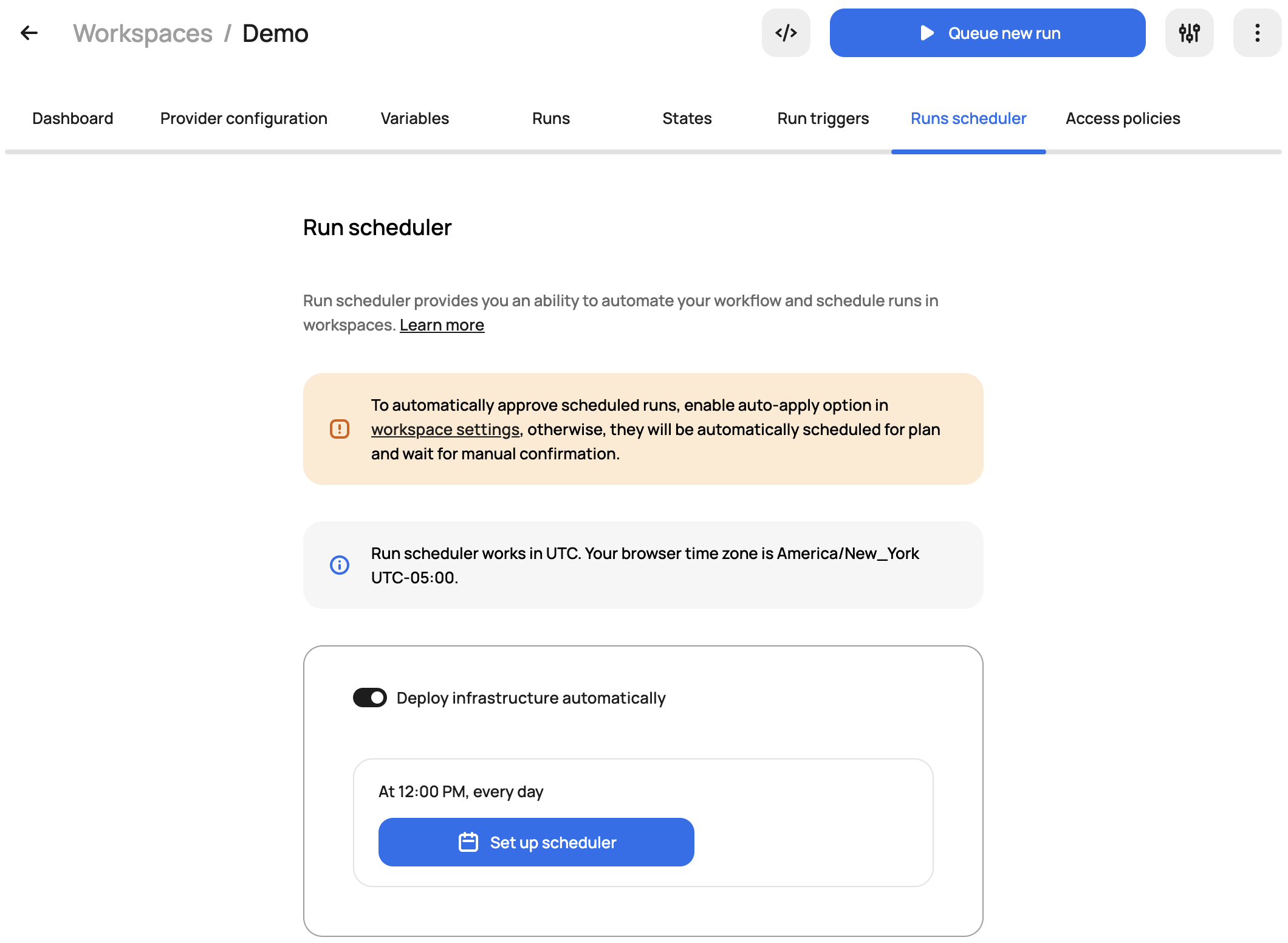 Scalr workspace run scheduler configuration for automated Terraform applies