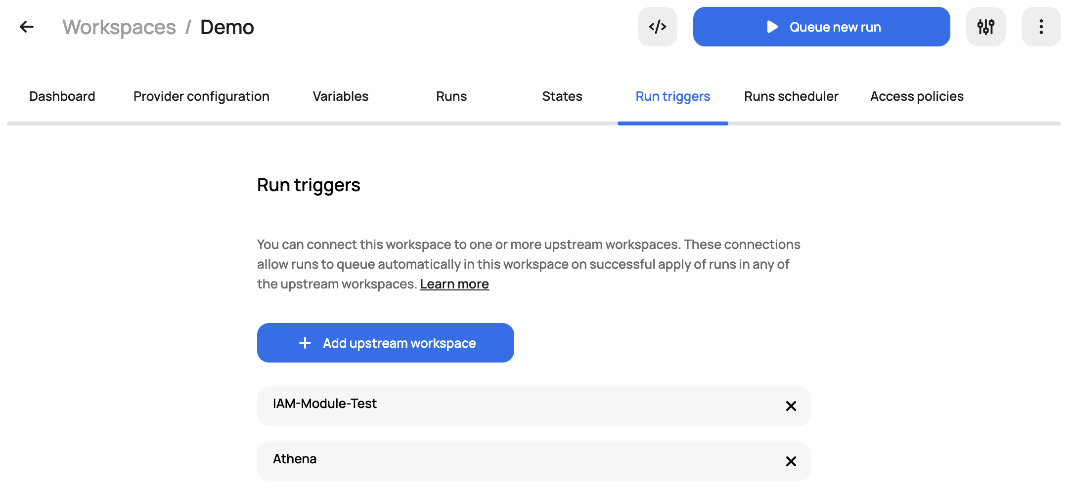Scalr workspace settings to add upstream workspaces for run triggers