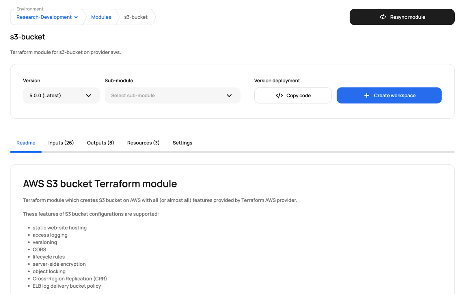 Screenshot of a private module registry showing the AWS S3 Terraform module with version details