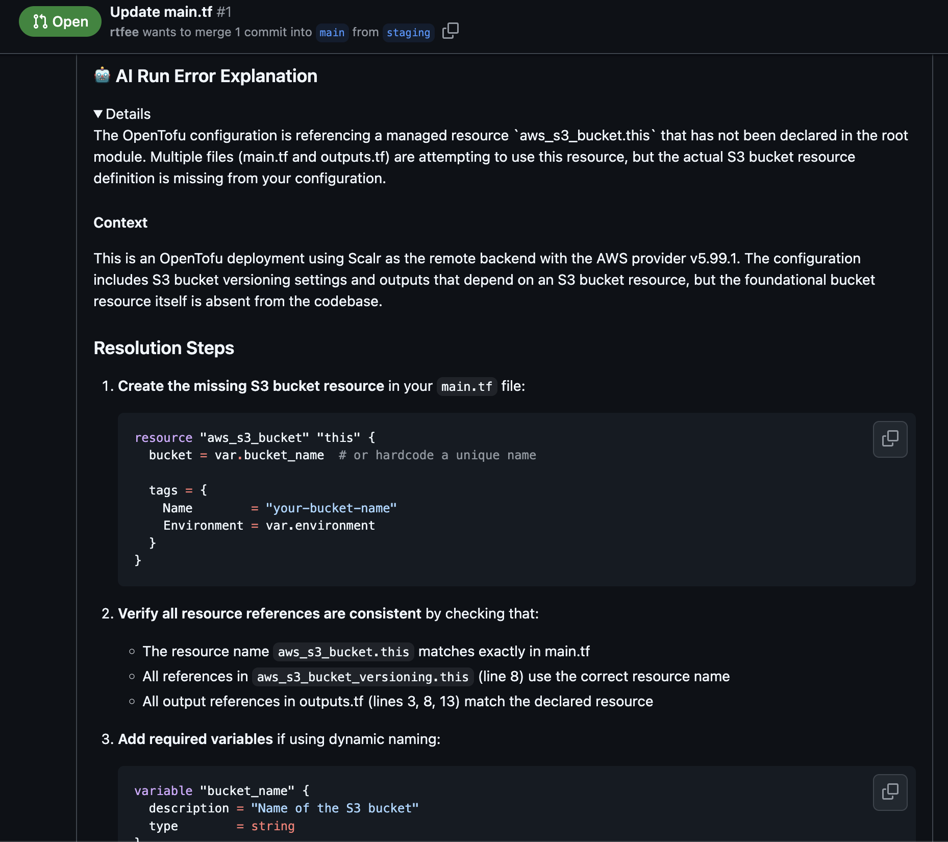 Scalr AI error explanation streamed to pull request comments for failed VCS runs