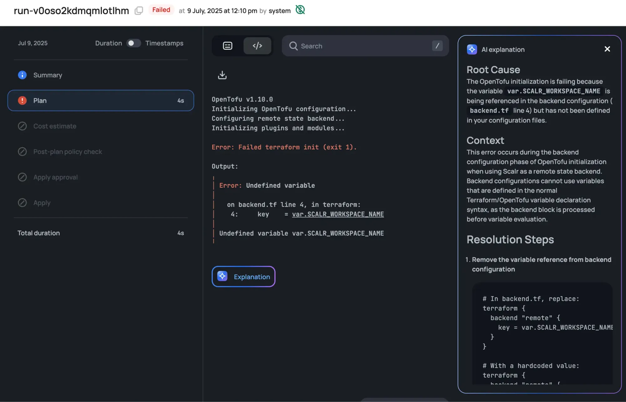 Scalr AI explanation panel showing Terraform init error root cause analysis