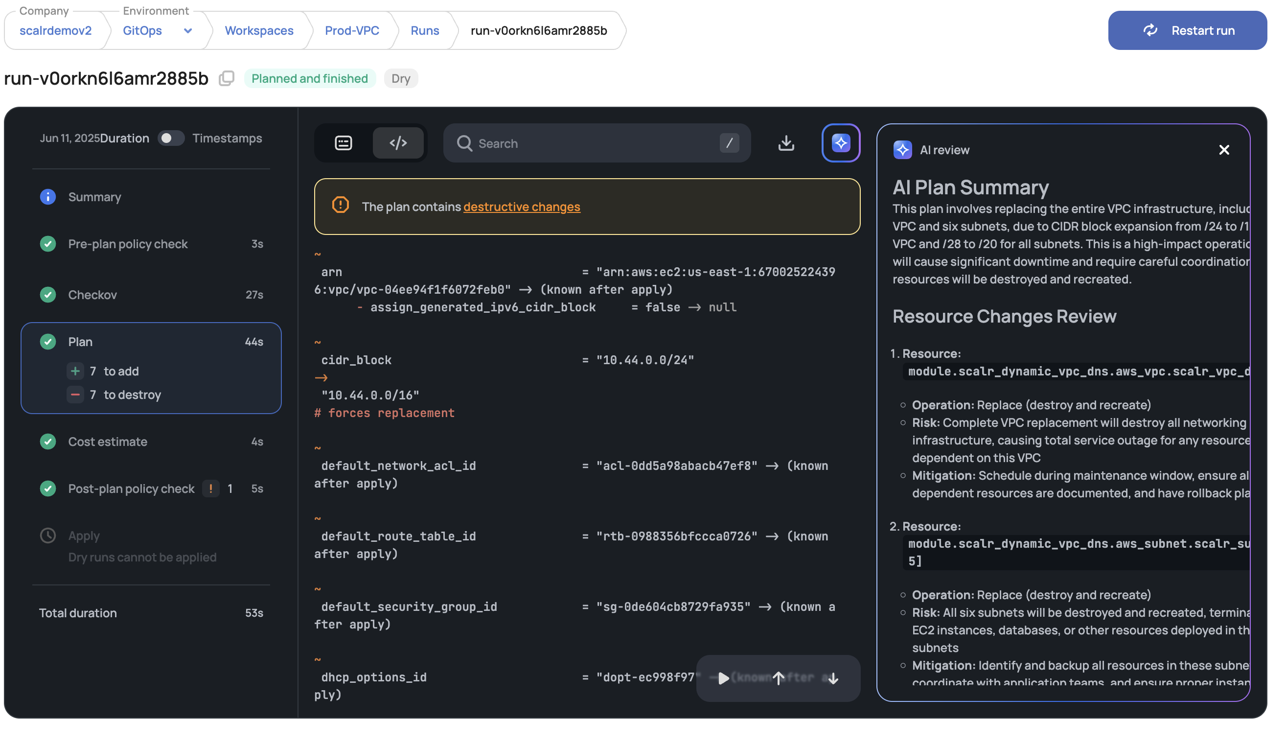 Scalr AI plan summary for dry runs in the workspace