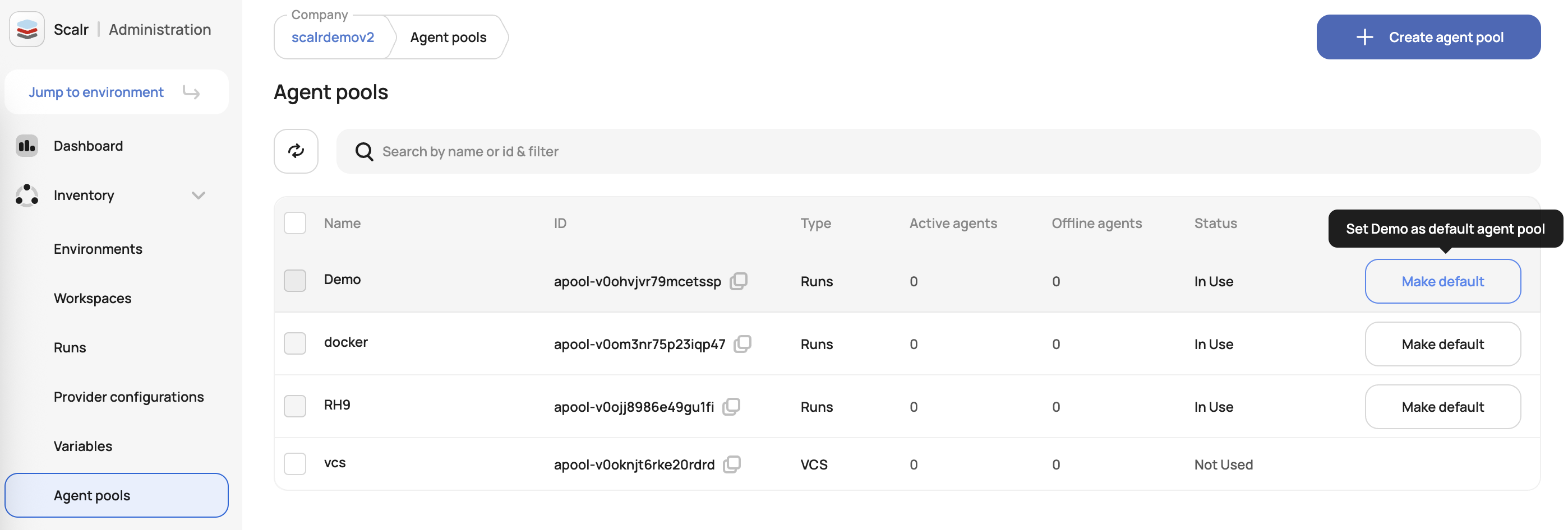 Scalr default agent pool setting in the account-level agent pool management UI