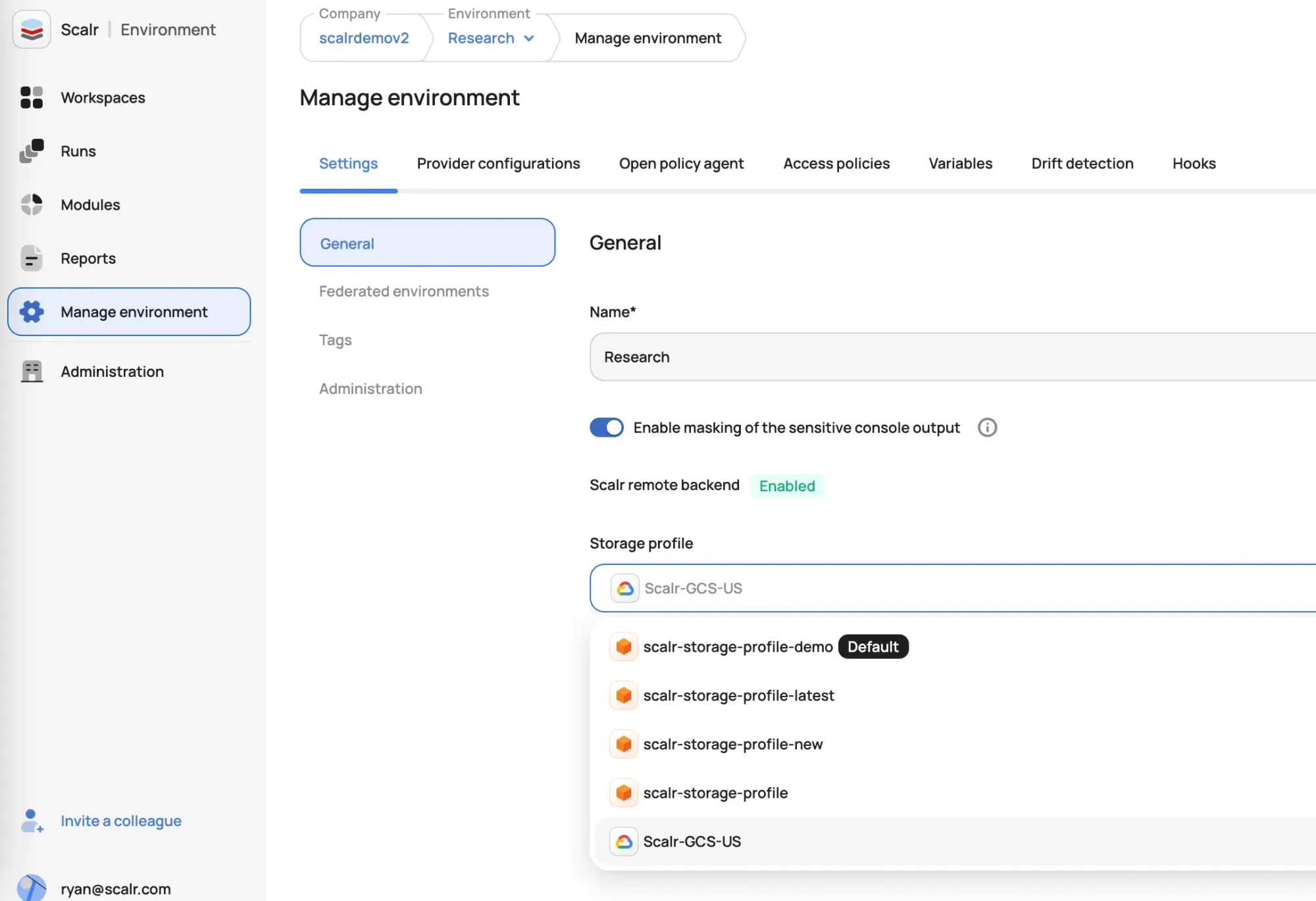 Scalr environment creation UI with the storage profile selection dropdown