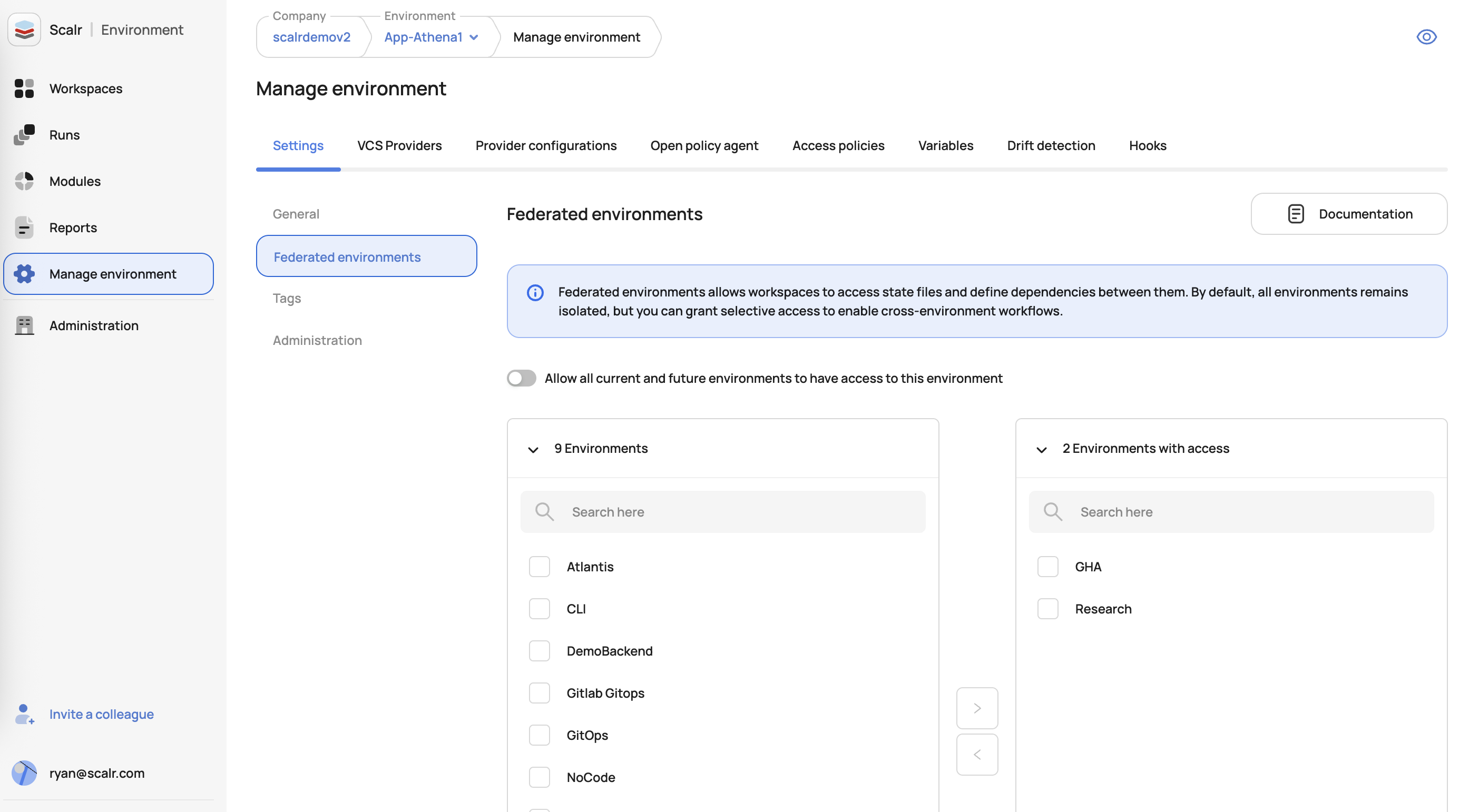 Scalr federated environment access configuration for cross-environment run triggers and state sharing