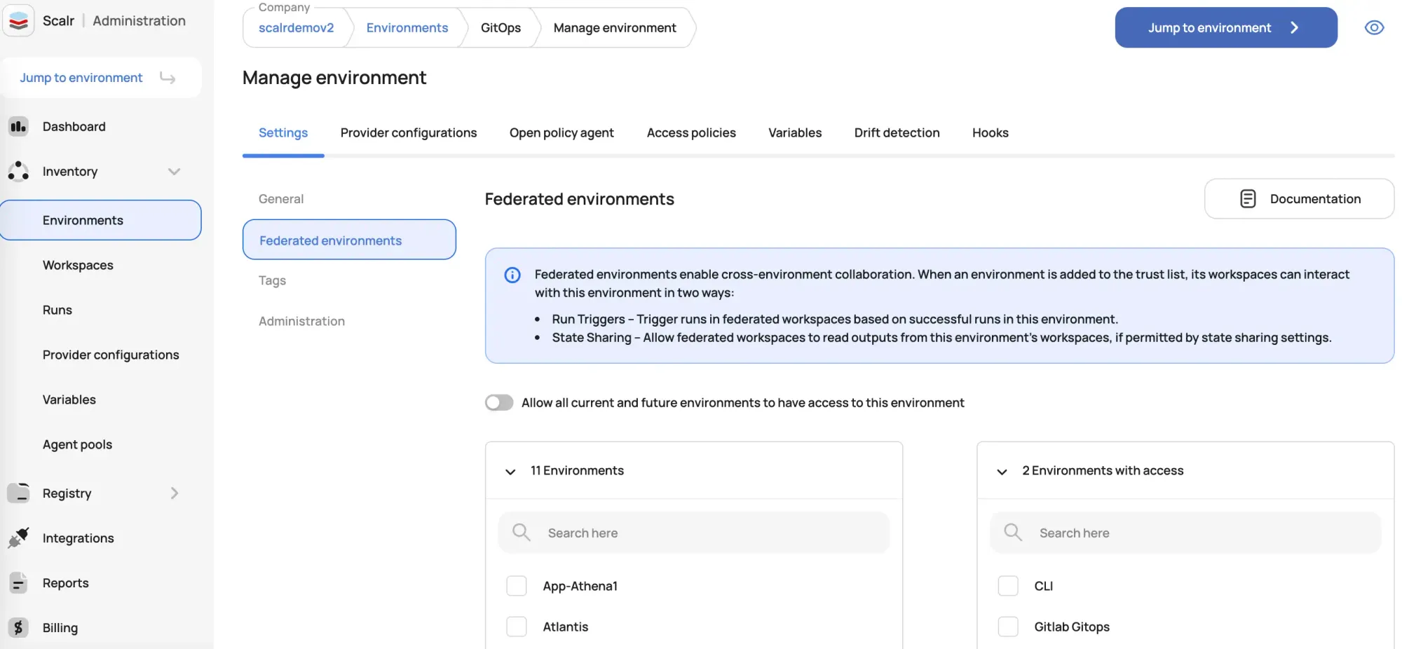 Scalr federated environments settings overview showing cross-environment access configuration